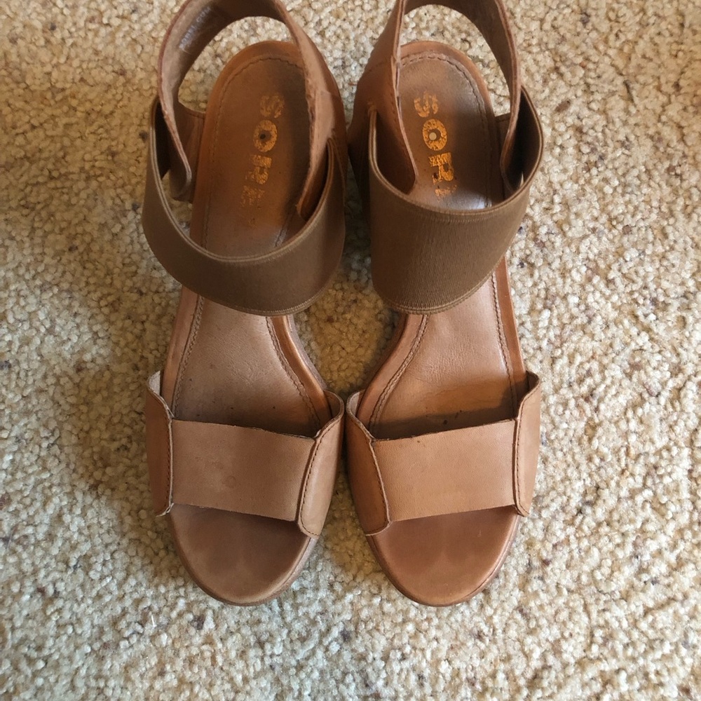 Sorel Nadia Sandals Camel Brown Strappy Chunky Heel Sz 8.5 Tan Slingback
